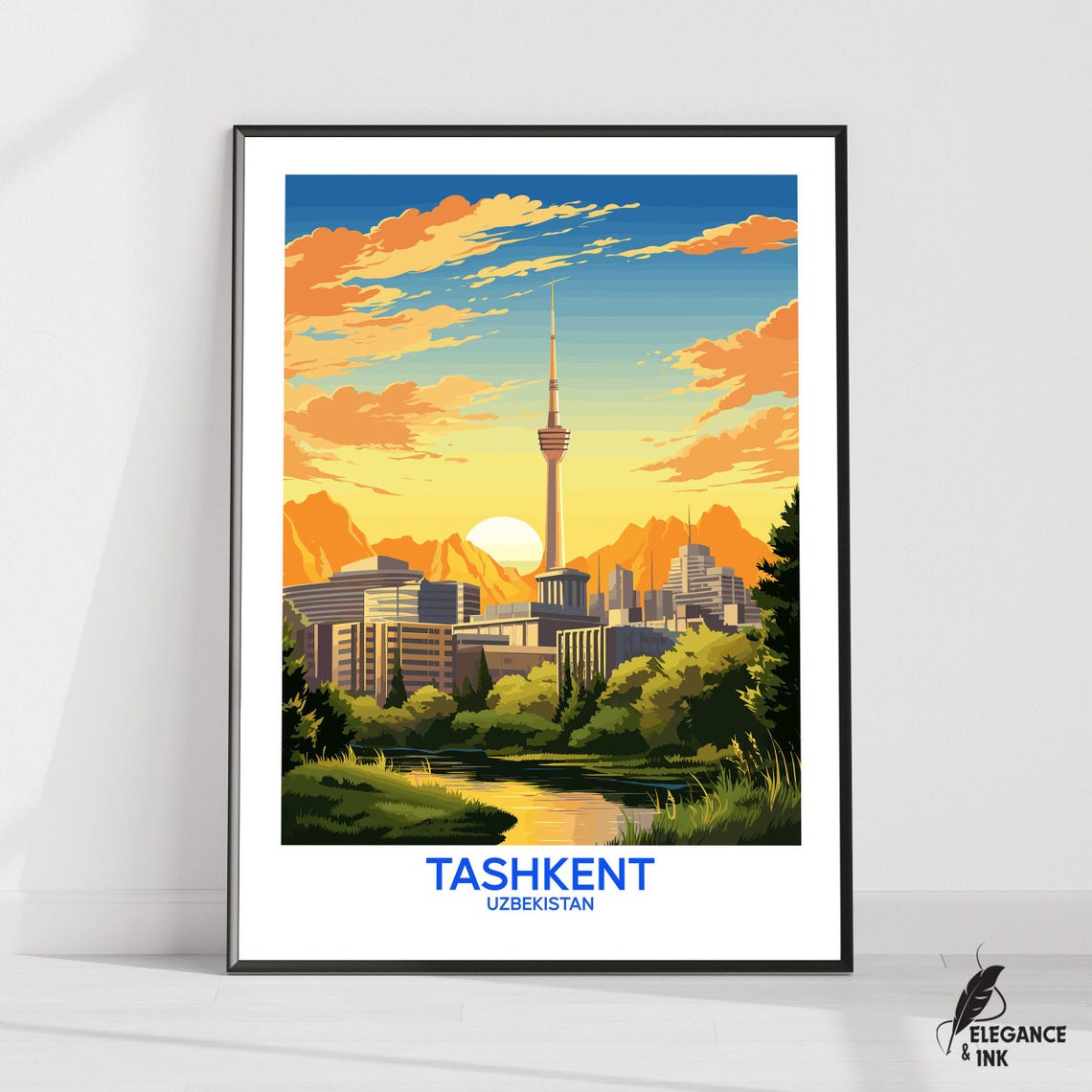 Tashkent Uzbekistan TV Tower Sunset Sky Vintage Travel Poster