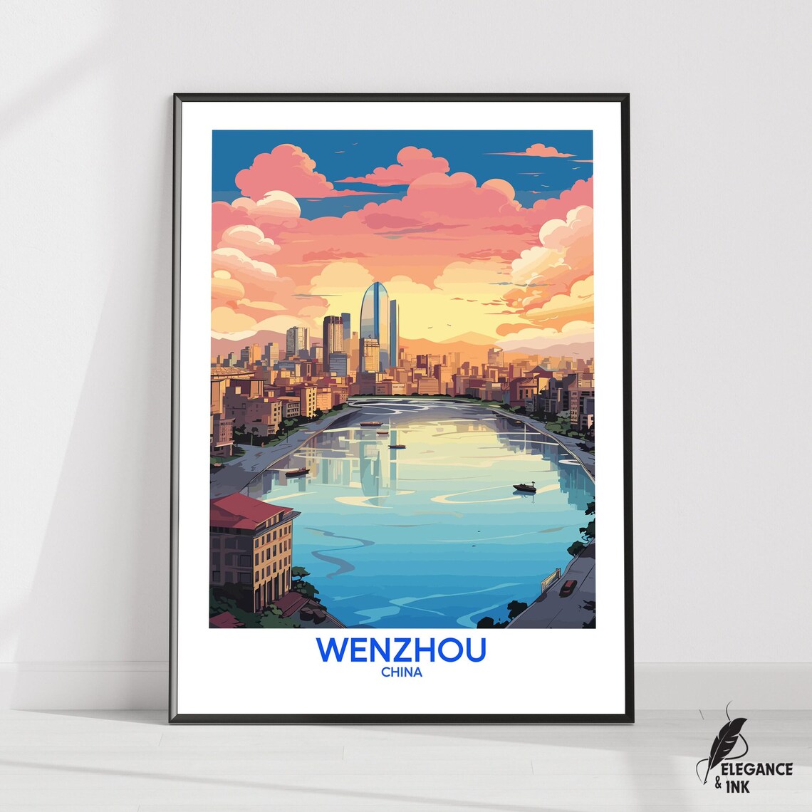 Wenzhou China Sunset Skyline Travel Poster with Riverside Reflections
