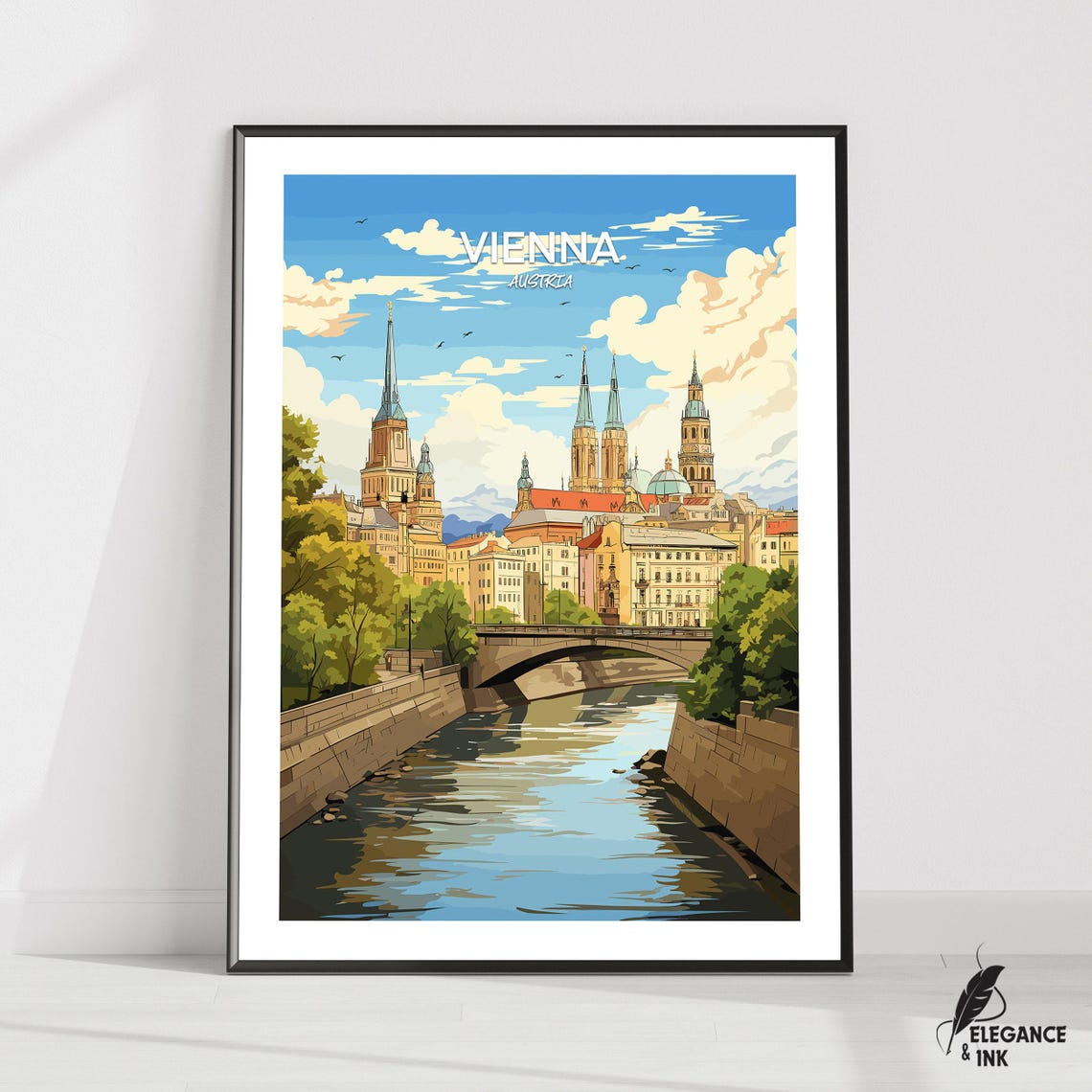 Vienna Austria Illustrated River Bridge Cityscape Art Poster