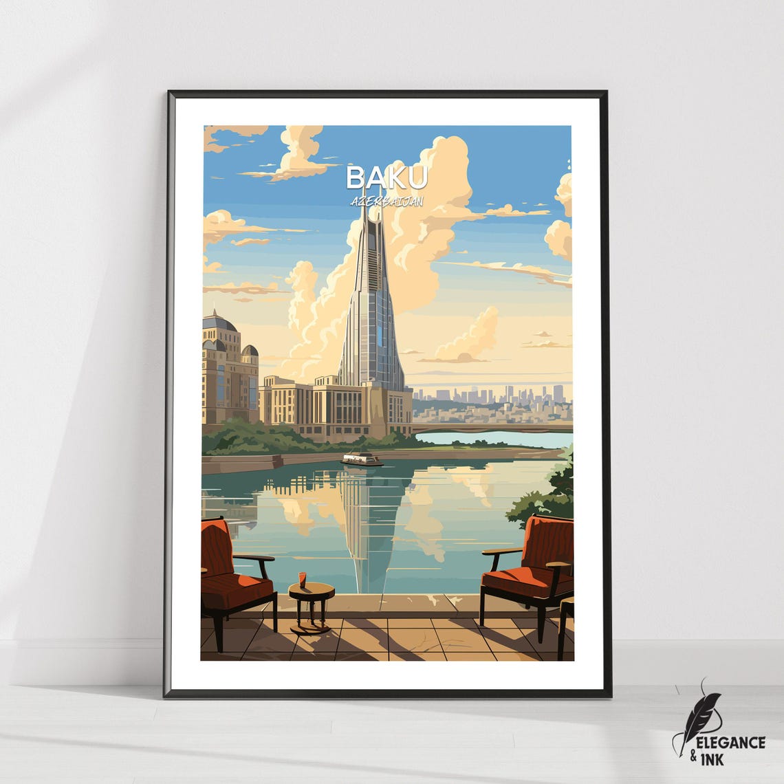 Baku Azerbaijan Poster With Title In Sky Over Waterfront Terrace
