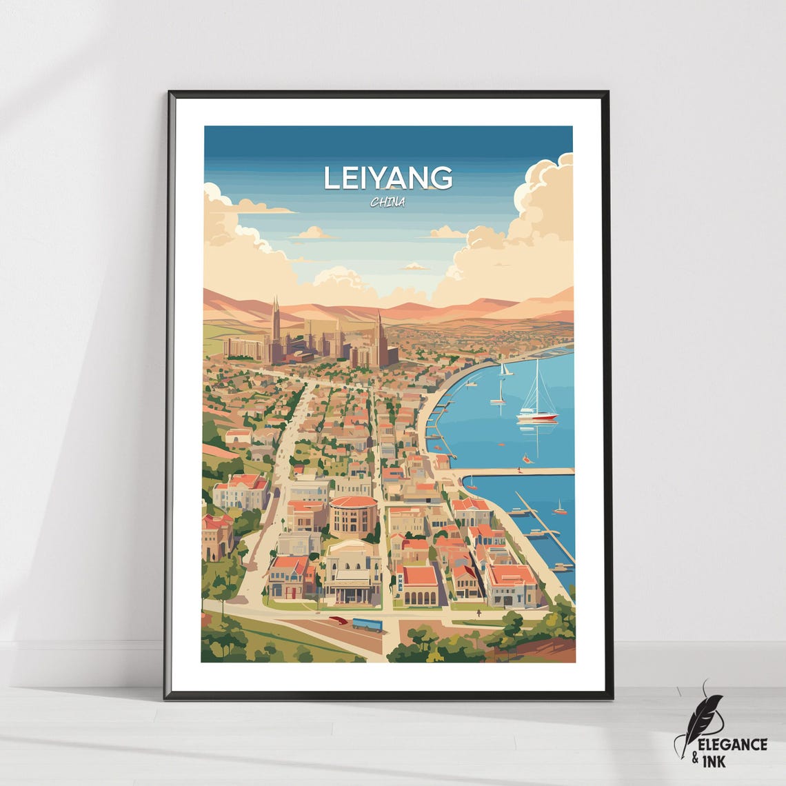 Leiyang China Harbor Skyline With Sailboats Vintage Travel Poster
