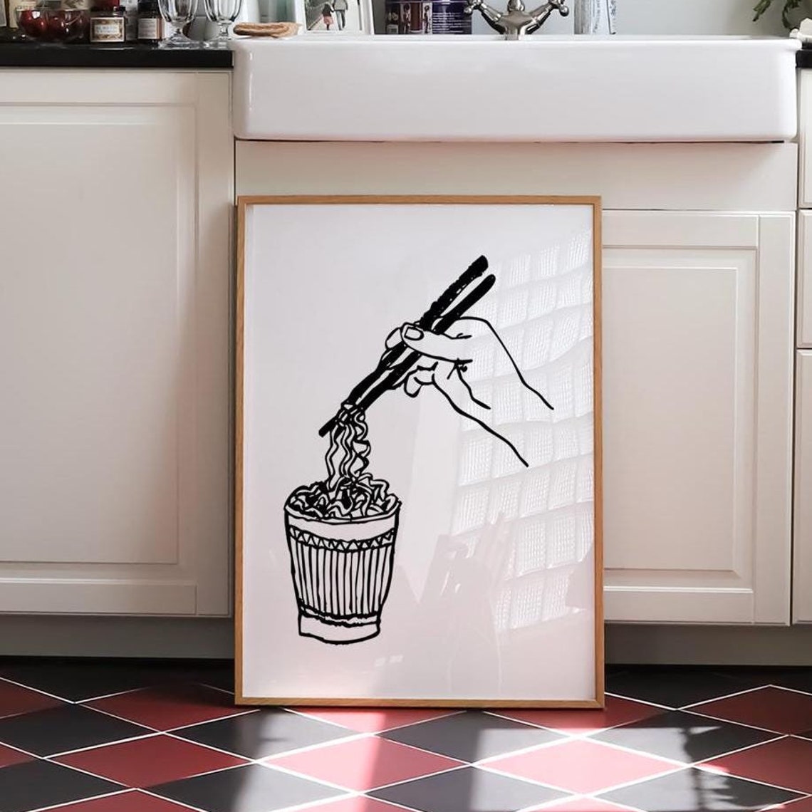 Ramen Noodles Chopsticks Line Art Poster Fun Kitchen Food Decor