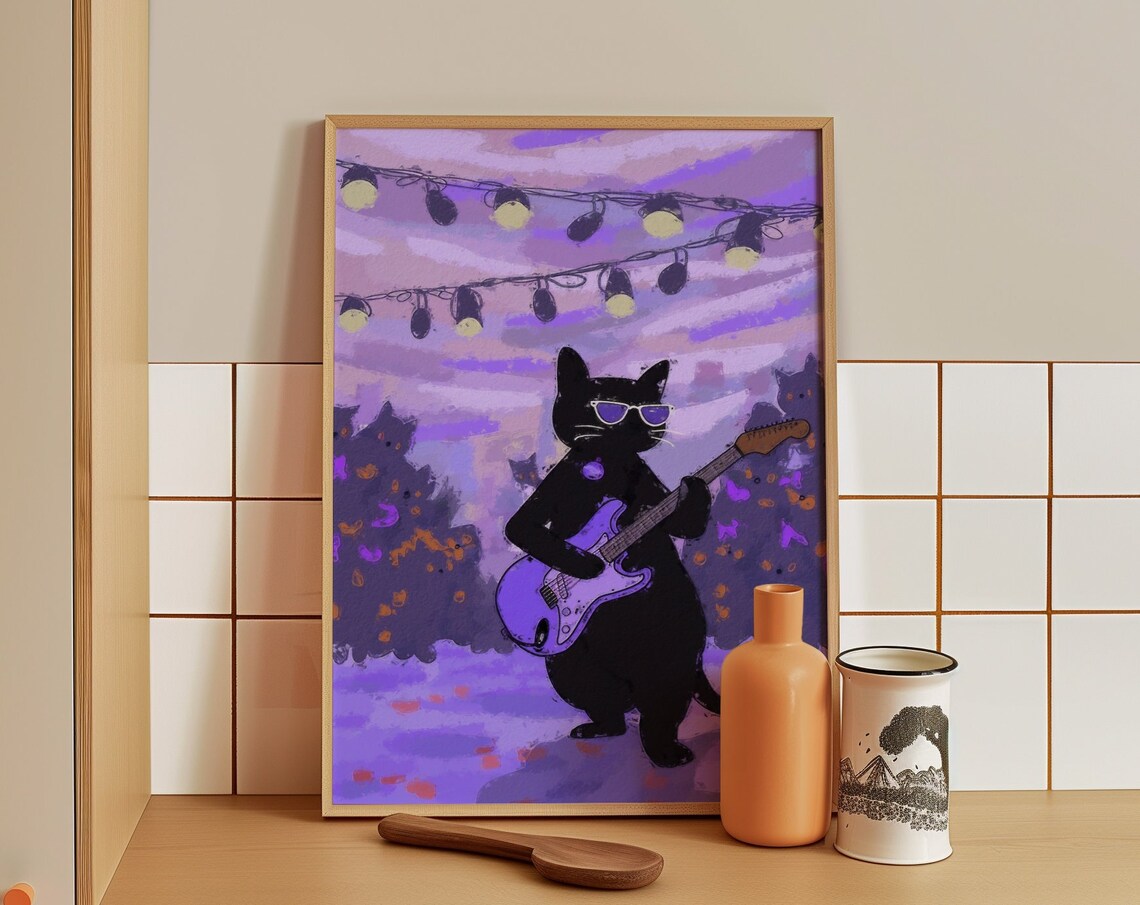 Cool Black Cat Playing Electric Guitar At Outdoor Party String Lights Poster