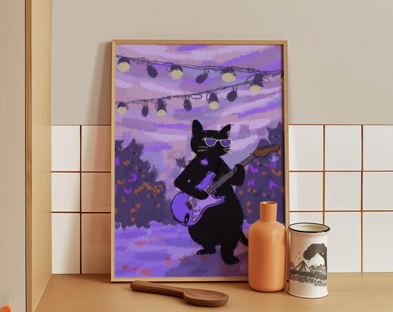 Cool Black Cat Playing Electric Guitar At Outdoor Party String Lights Poster