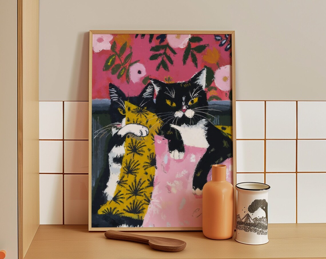 Two Tuxedo Cats In Playful Pillow Fight Fun Whimsical Cat Art Poster