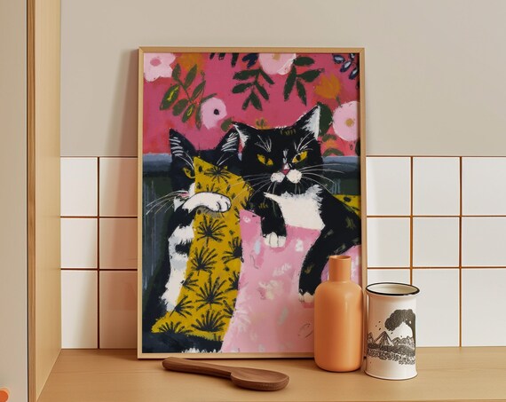 Two Tuxedo Cats In Playful Pillow Fight Fun Whimsical Cat Art Poster