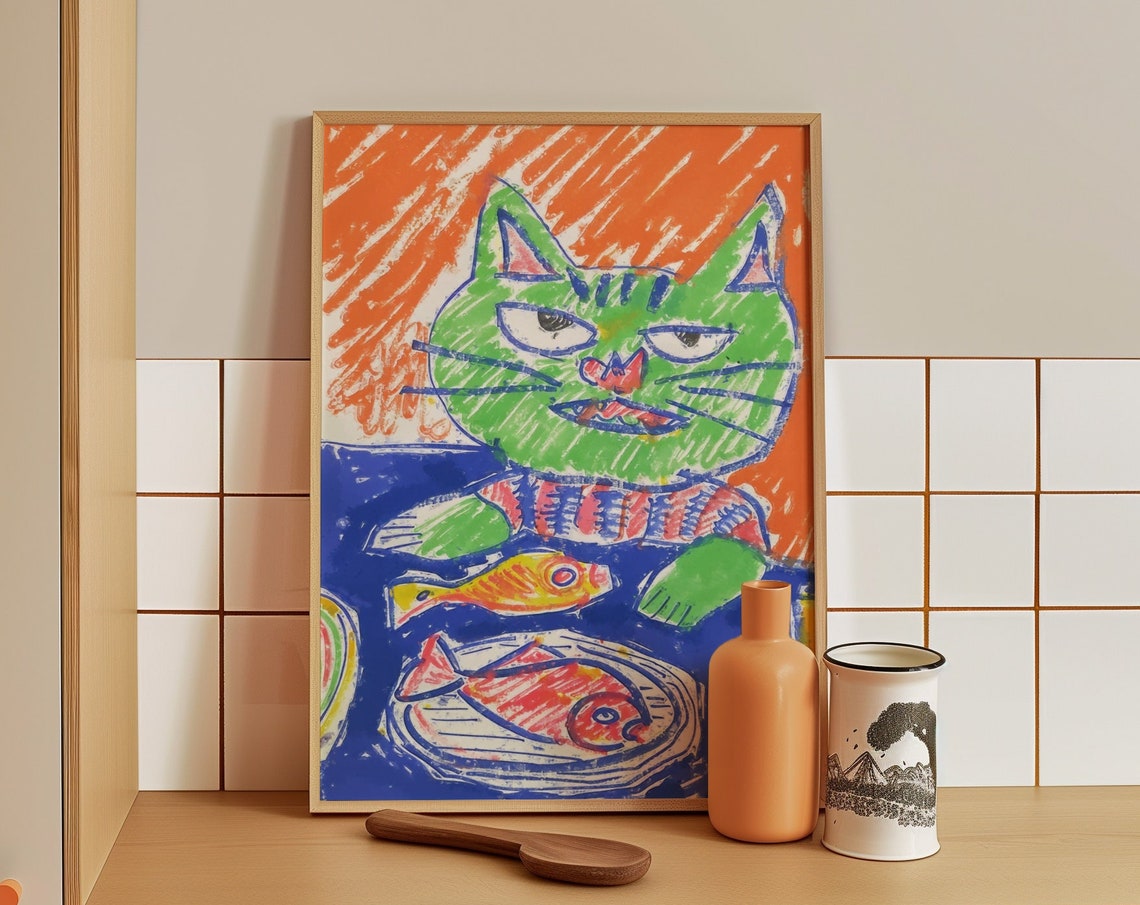 Grumpy Green Cat With Fish Dinner Funny Whimsical Cat Poster