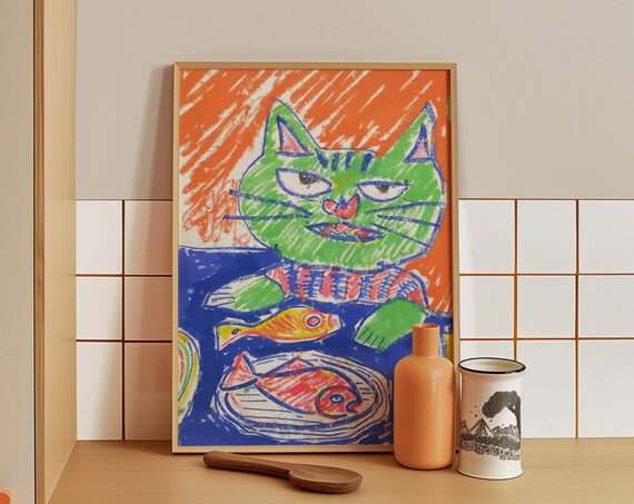 Grumpy Green Cat With Fish Dinner Funny Whimsical Cat Poster