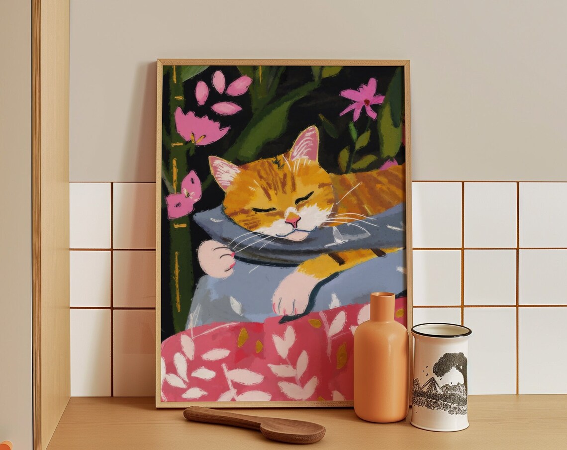 Ginger Cat Napping On Blue Cushion Among Pink Flowers Art Poster