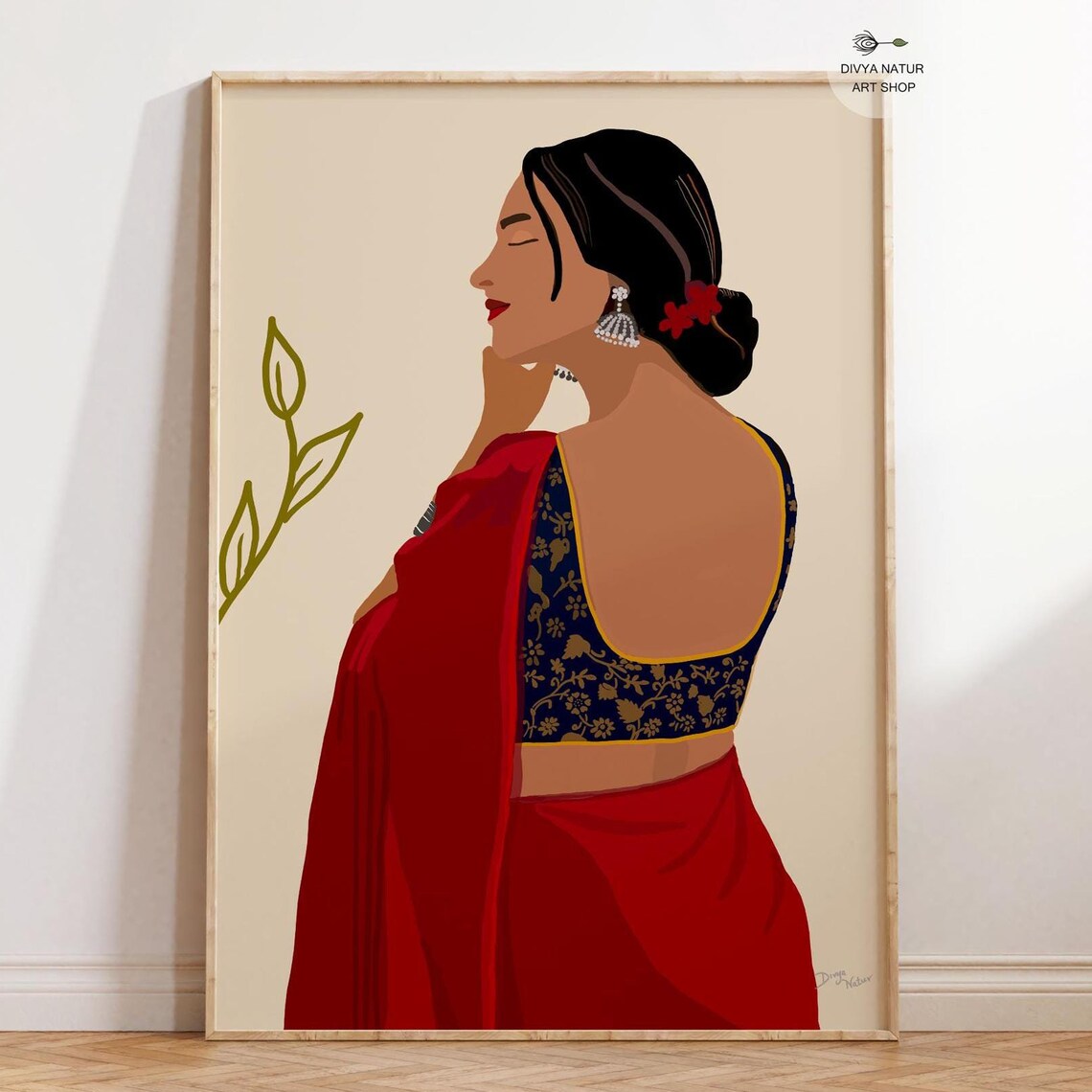 Woman In Red Saree Elegant Indian Profile Illustration Boho Art Print