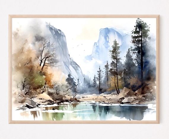 Yosemite Valley Granite Cliffs and River Watercolor Travel Poster