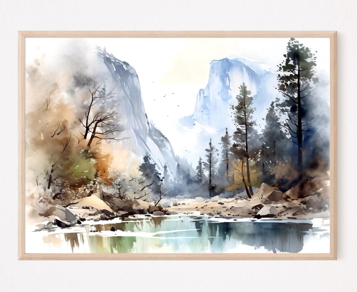 Yosemite Valley Granite Cliffs and River Watercolor Travel Poster
