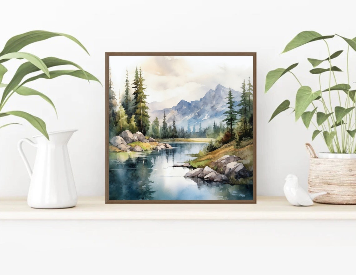 Calm Forest Lake Reflections Pine Trees Rocky Shores Watercolor Poster - Image 3