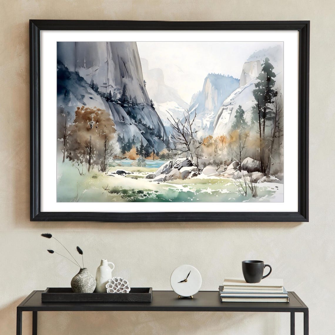 Yosemite Granite Cliffs Over Green Valley River Watercolor Poster - Image 2