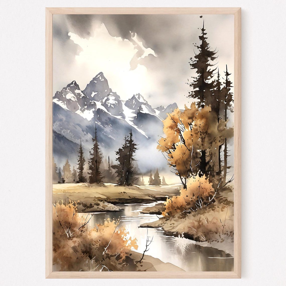 Grand Teton Snowy Peaks Autumn Stream Wilderness Watercolor Poster