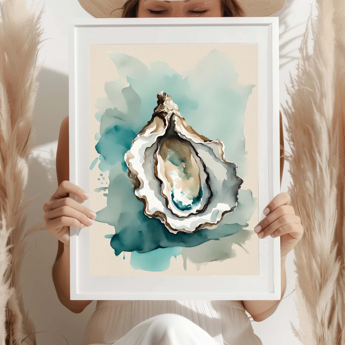 Oyster Shell Watercolor Coastal Turquoise Seashell Beach Wall Art