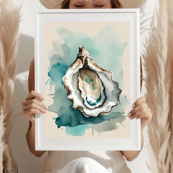 Oyster Shell Watercolor Coastal Turquoise Seashell Beach Wall Art