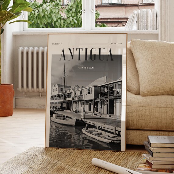 Antigua Caribbean Black And White Harbor Boats Photography Travel Poster