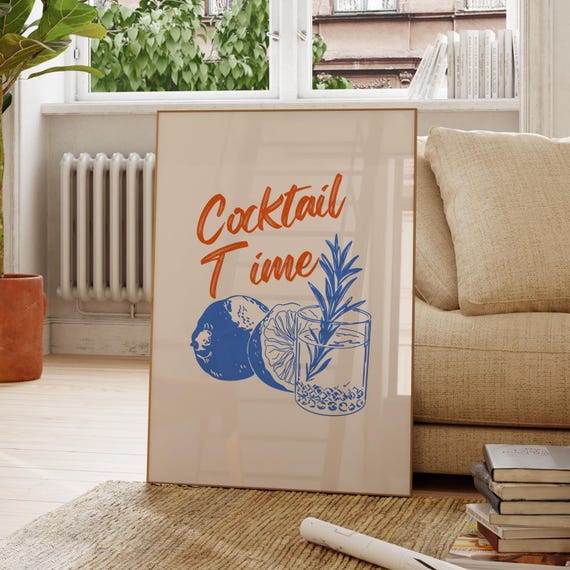 Cocktail Time Beige Blue Retro Citrus Rosemary Drink Bar Poster