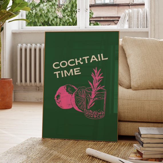 Cocktail Time Dark Green Retro Citrus Rosemary Drink Bar Poster