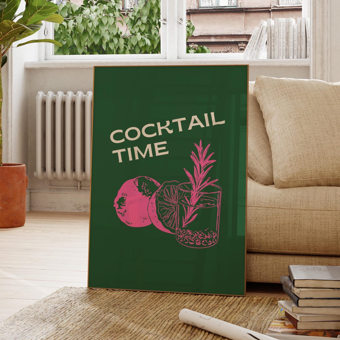 Cocktail Time Dark Green Retro Citrus Rosemary Drink Bar Poster