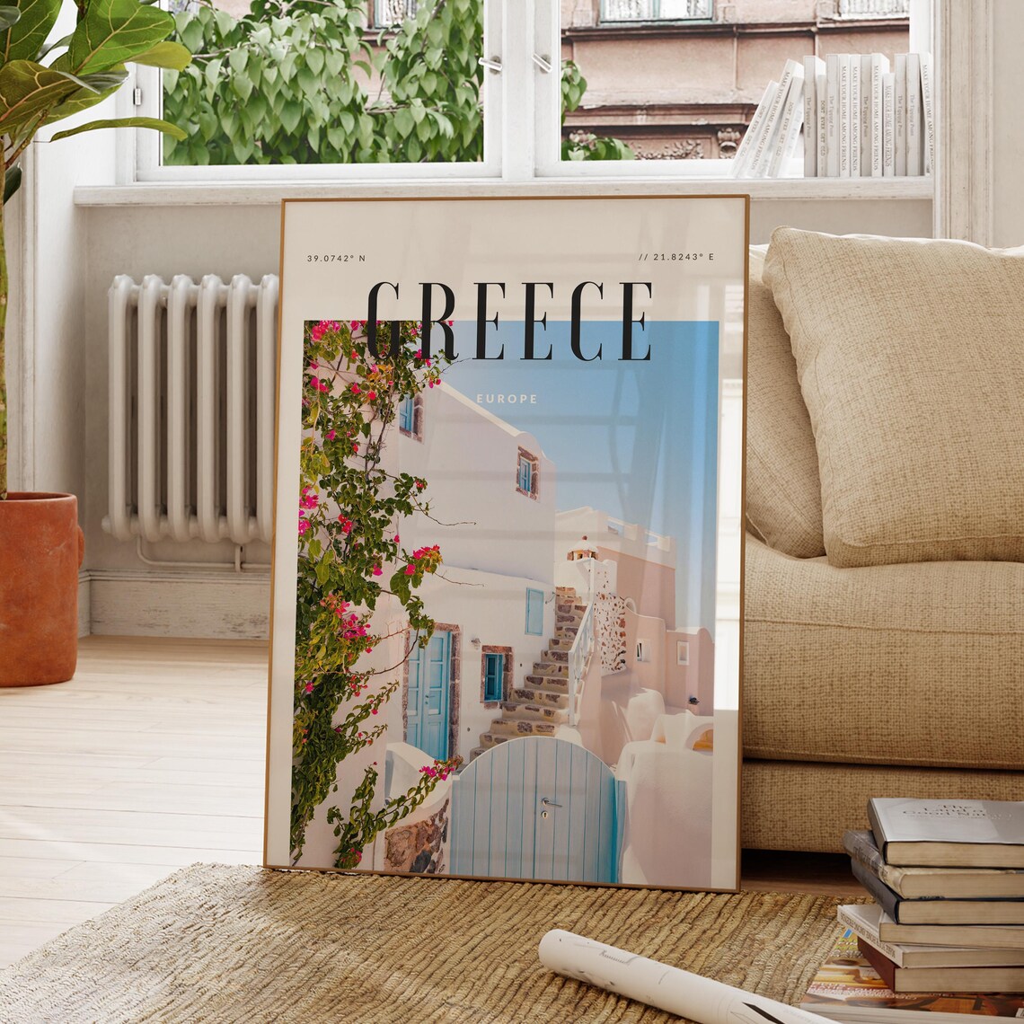 Greece Santorini Whitewashed Alley Bougainvillea Aegean Travel Poster