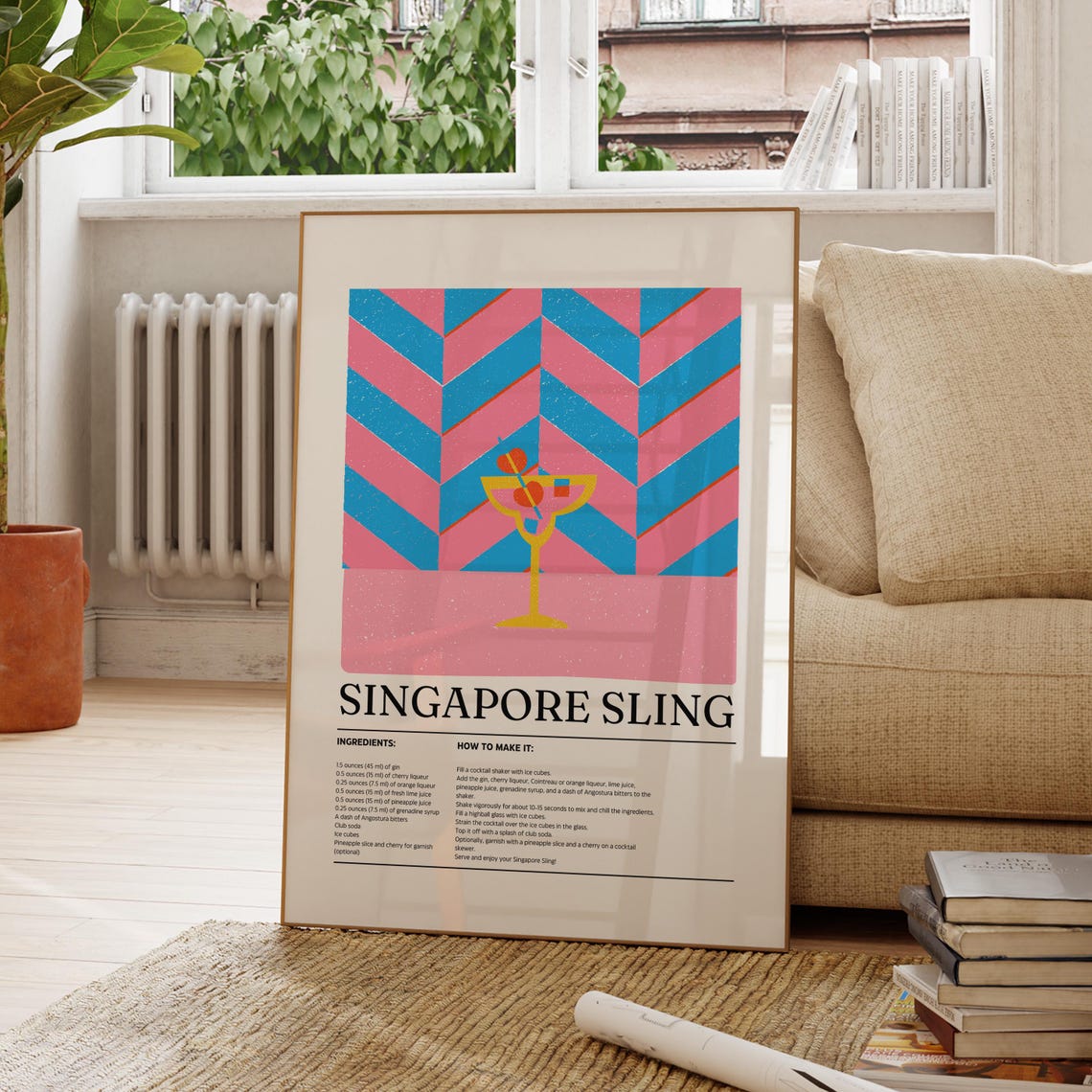 Singapore Sling Cocktail Recipe Retro Chevron Illustration Wall Art