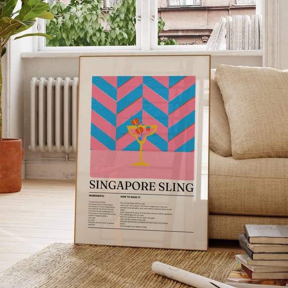 Singapore Sling Cocktail Recipe Retro Chevron Illustration Wall Art