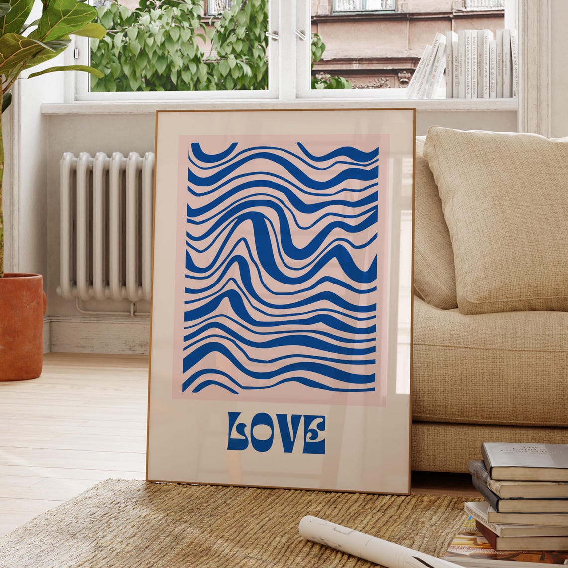 Love Blue Wavy Lines Retro Pink Abstract Groovy Typography Art Poster