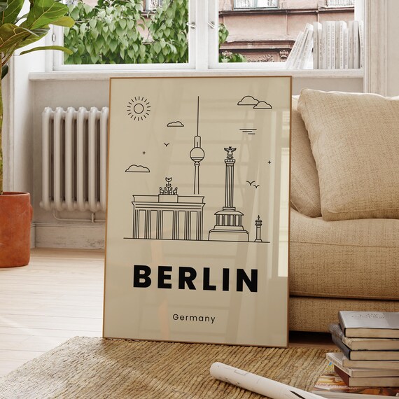 Berlin Germany Minimal Line Art Landmarks With Brandenburg Gate Travel Poster