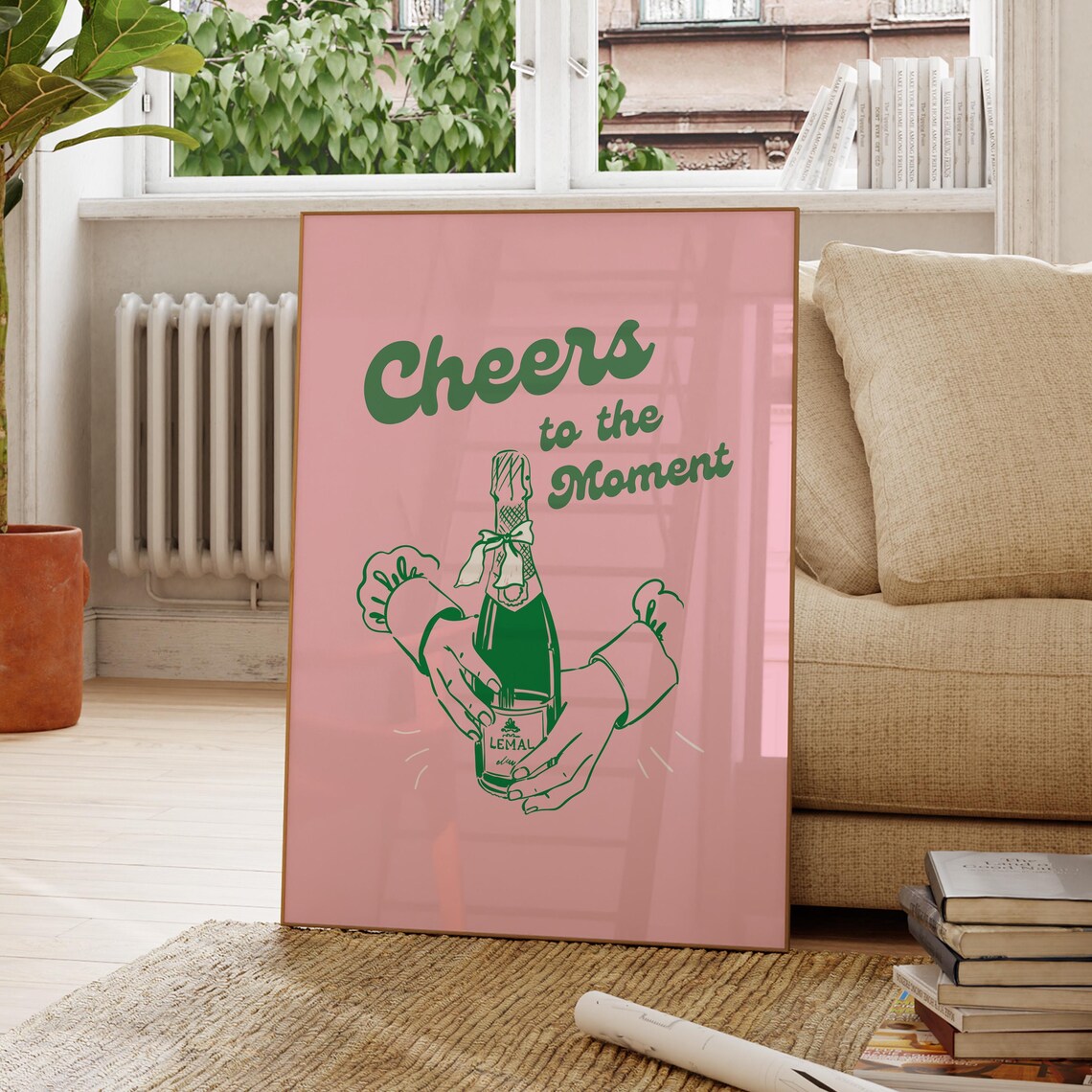 Cheers To The Moment Champagne Retro Green Pink Bar Decor Poster