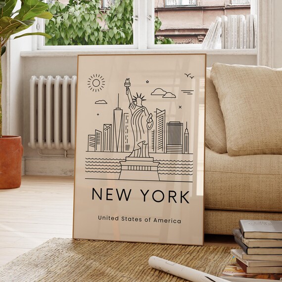 New York Statue of Liberty Skyline Minimalist Line Art Travel Poster