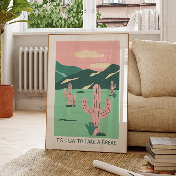 Its Okay To Take A Break Pink And Green Cactus Wall Art Abstract Poster Scandinavian Style Print Colorful Modern Decor