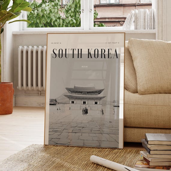 South Korea Asia Modern Travel Wall Art Design Black And White Print Wanderlust Decor Home Office