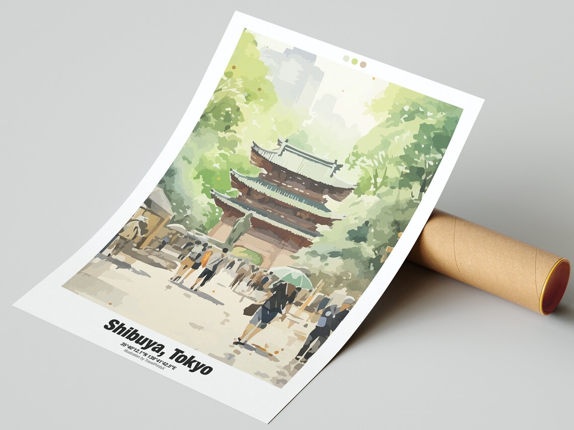 Shibuya Tokyo Traditional Temple Pagoda Lively City Park Travel Poster - Image 2