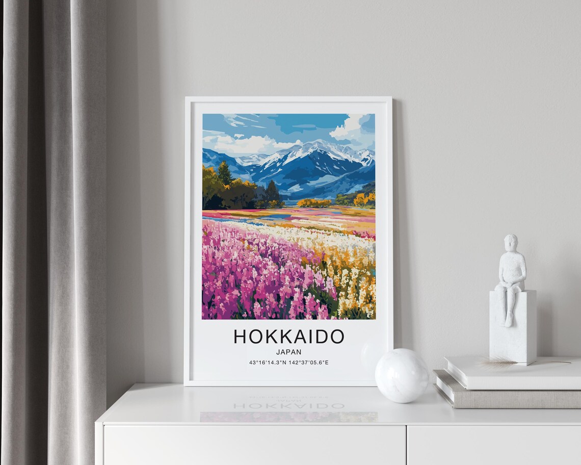 Hokkaido Japan Travel Poster Pink Flower Fields Snow Mountains Art - Image 4