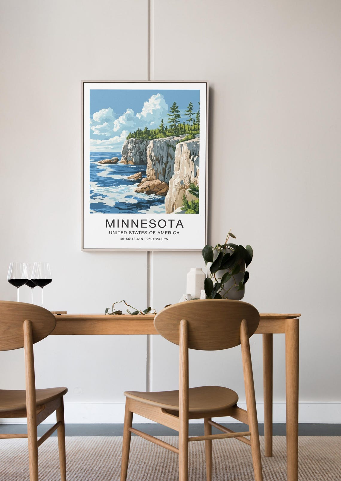 Minnesota USA Travel Poster Rocky Lake Cliffs Pine Forest Waves Art - Image 3