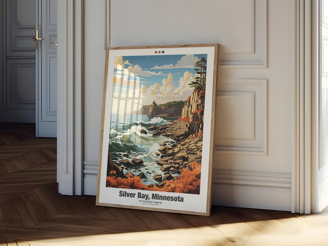 Silver Bay Minnesota Poster Rocky Shore Waves Autumn Foliage Art - Image 2