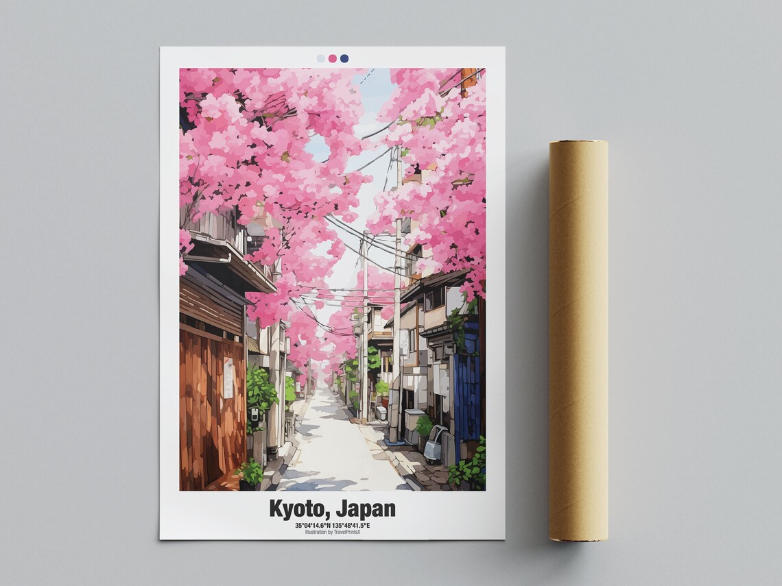 Kyoto Japan Cherry Blossom Lane Old Wooden Houses Spring Travel Poster