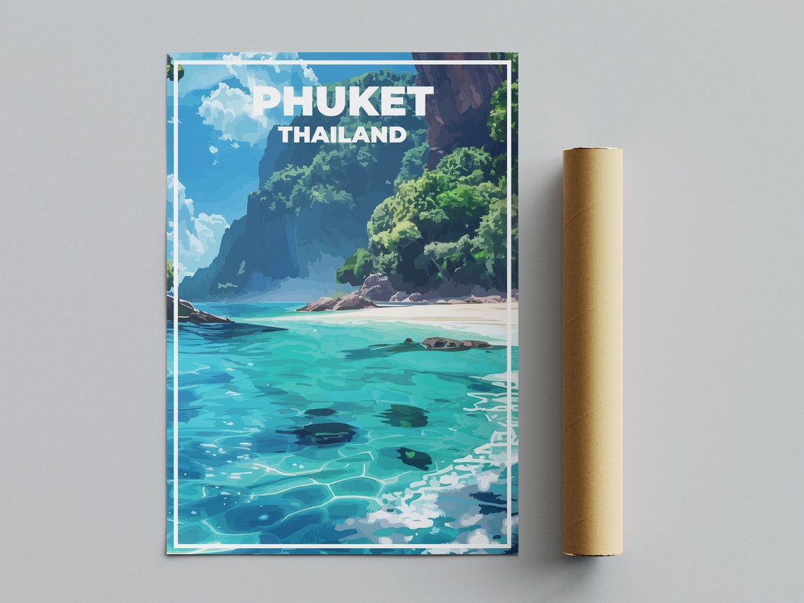 Phuket Thailand Turquoise Water Jungle Cliff Beach Travel Poster