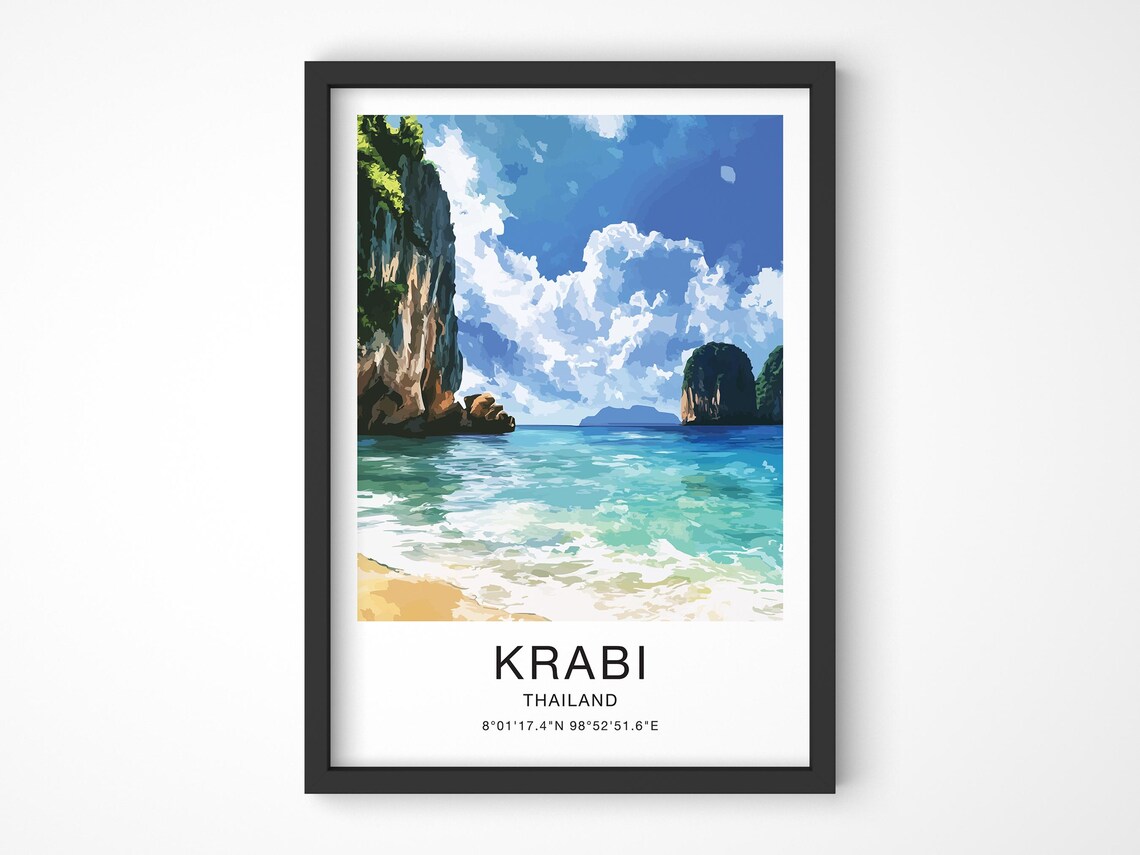Krabi Thailand Travel Poster Limestone Karsts Beach Ocean Waves Art
