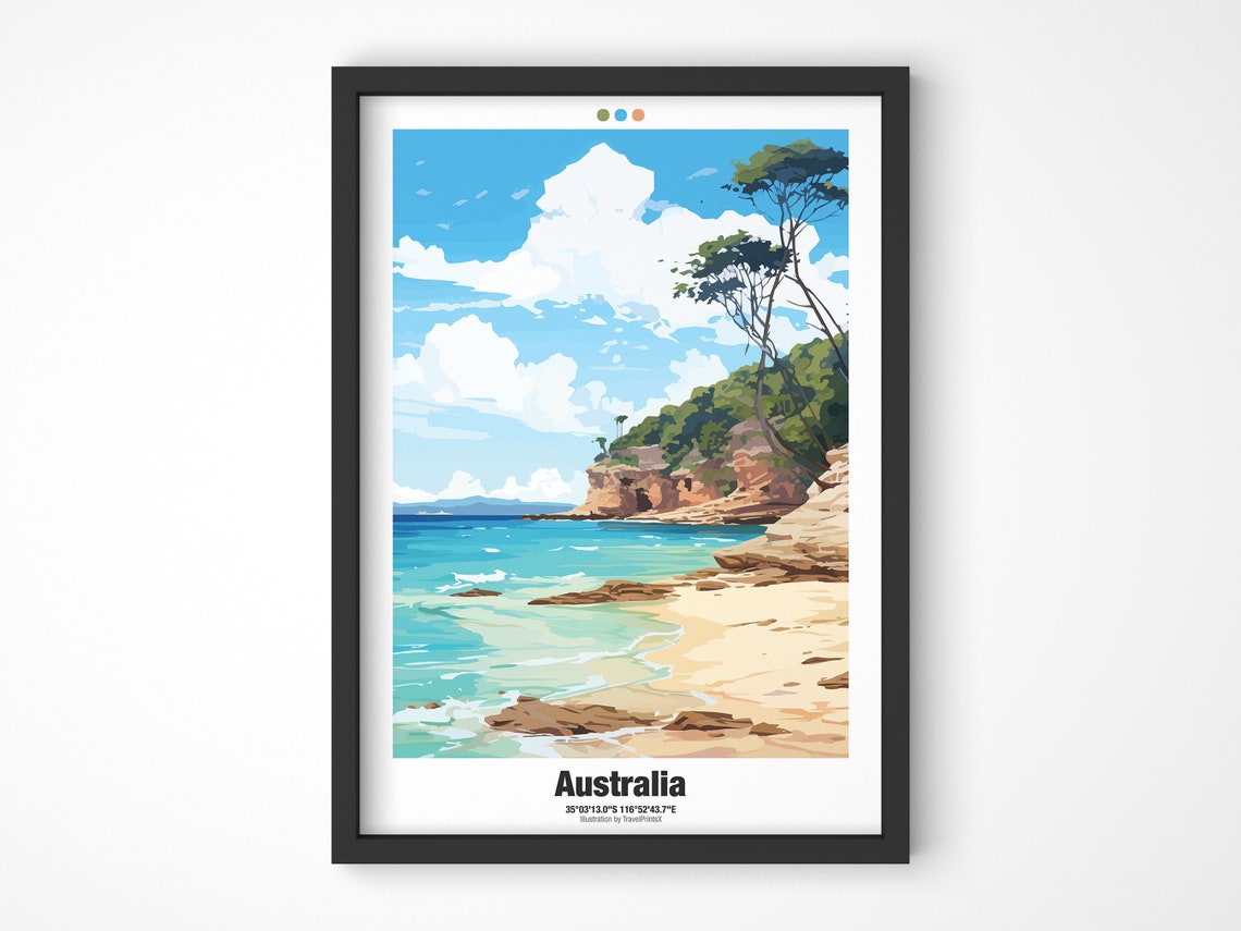 Australia Travel Poster Sandy Cove Turquoise Water Red Rocks Artwork
