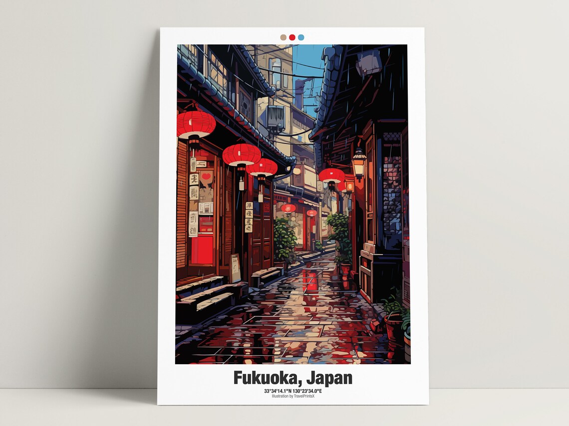 Fukuoka Japan Rainy Night Old Alley Glowing Red Lanterns Street Poster - Image 3
