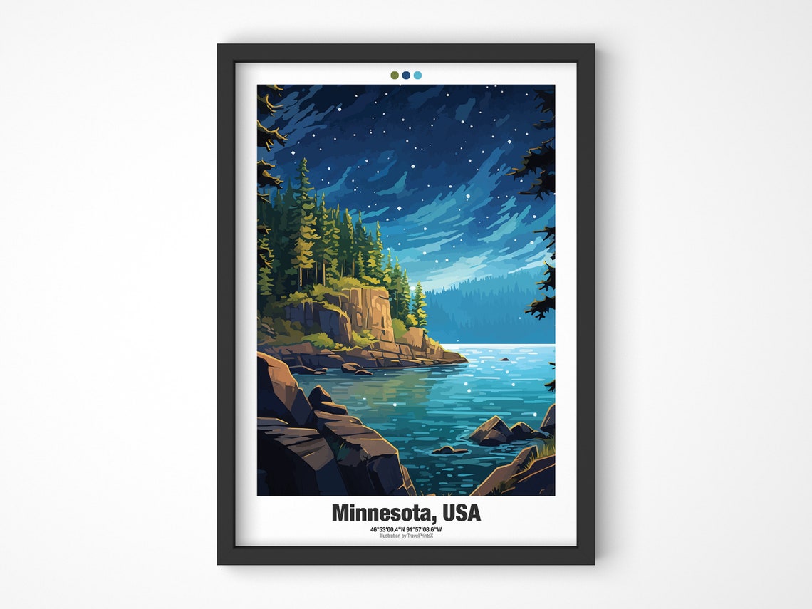 Minnesota USA Starry Night Sky Pine Forest Lakeshore Travel Poster