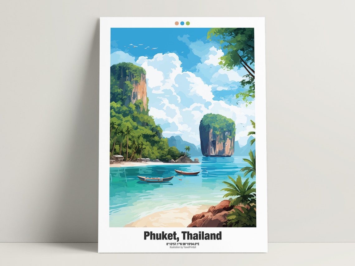 Phuket Thailand Limestone Karst Beach Boats Island Bay Travel Poster - Image 3