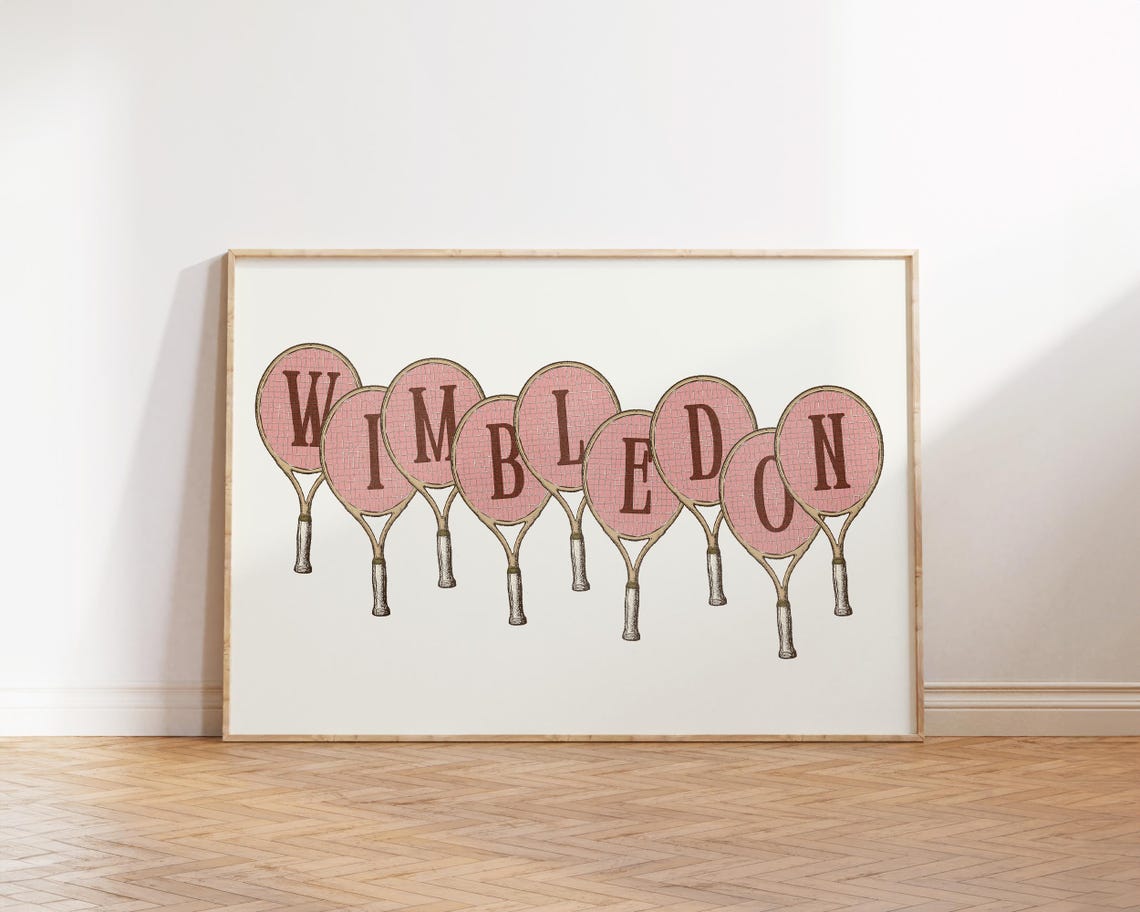 Wimbledon Vintage Tennis Rackets Lettering Pink Retro Sports Poster