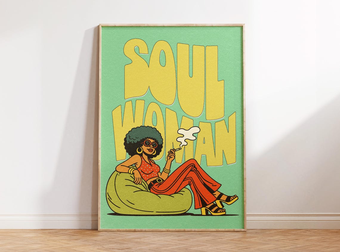 Soul Woman 70s Groovy Afro Beanbag Mint Green Retro Style Poster