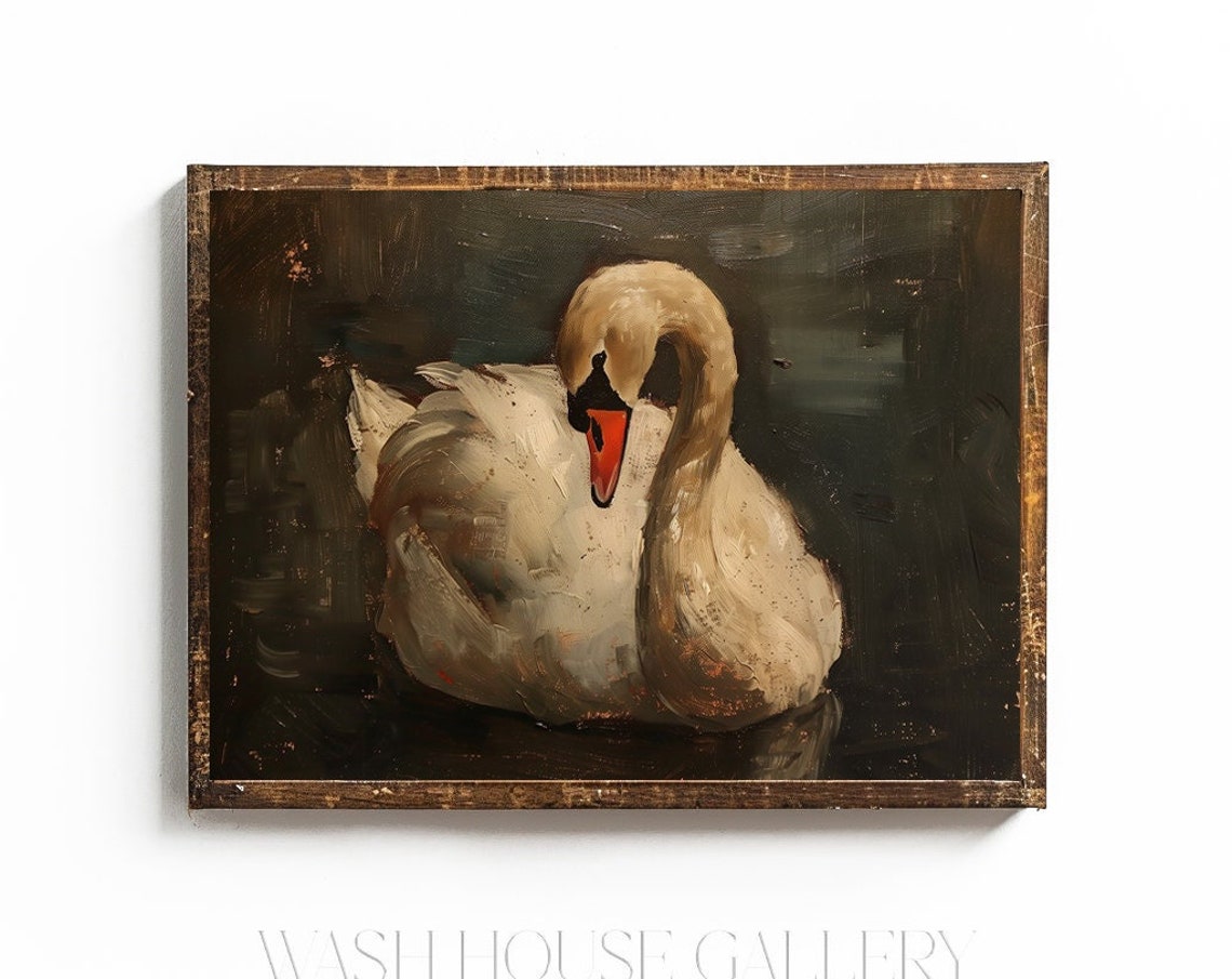 White Swan Painting Dark Oil Painting Wall Art Print Cottagecore Swan Art Dark Cottagecore Wall Art Antique Swan Print Vintage Art