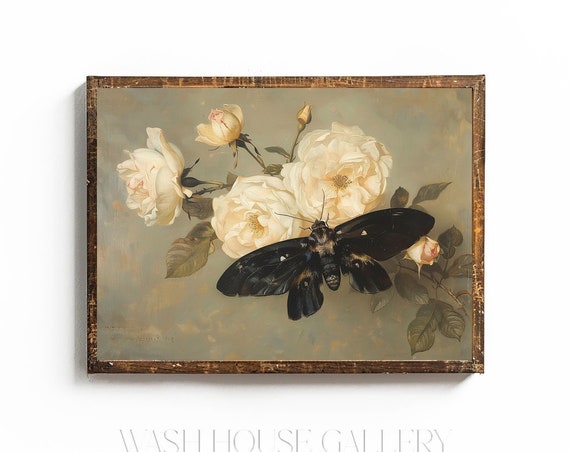 Moth Print Vintage Moth Painting Cottagecore Moth Art Cottage Rose Print Cottagecore Entryway Wall Art Rose Oil Painting
