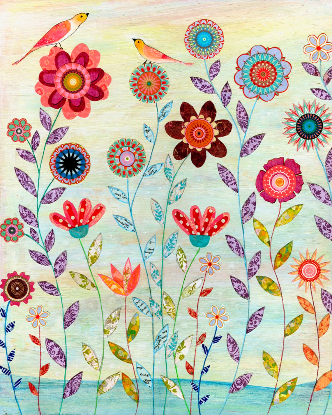 Whimsical Collage Birds And Flowers Mixed Media Botanical Art Poster